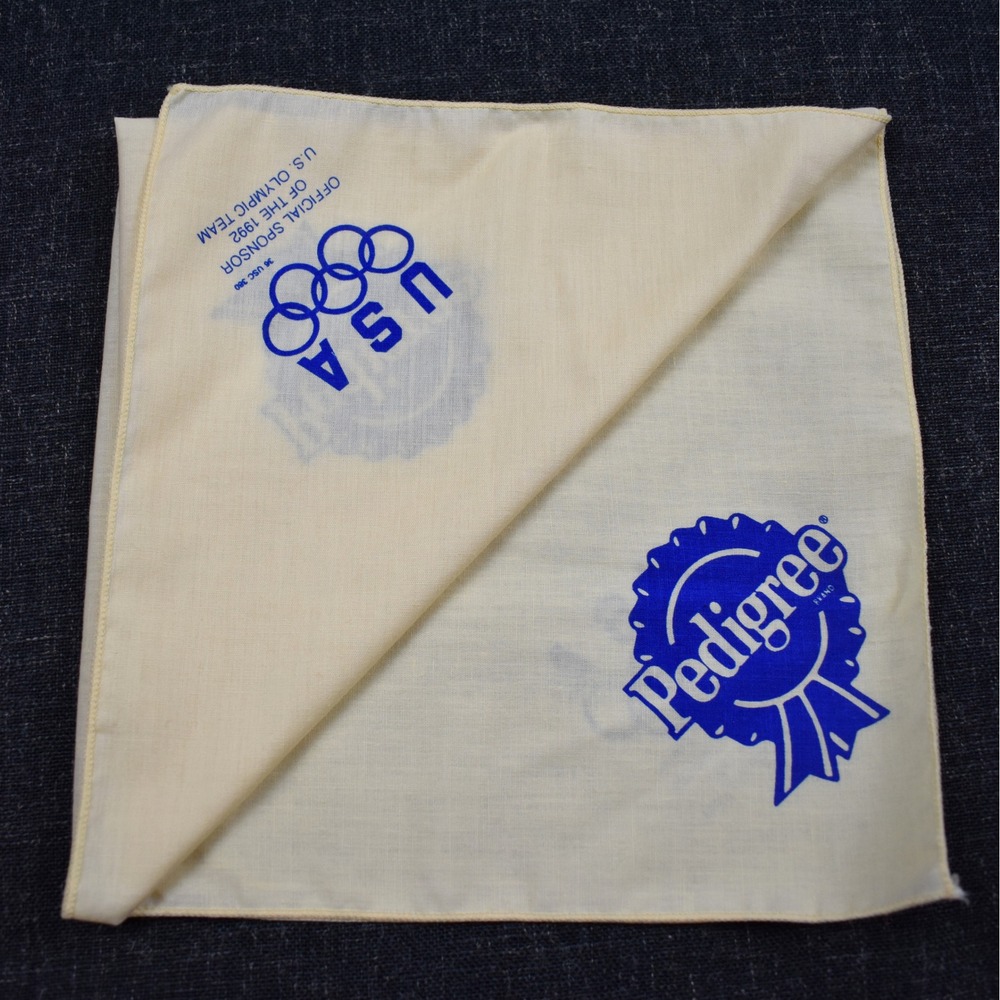 Vintage 1992 USA Olympic Team Bandana Pedigree Sponsor Cream Blue Handkerchief